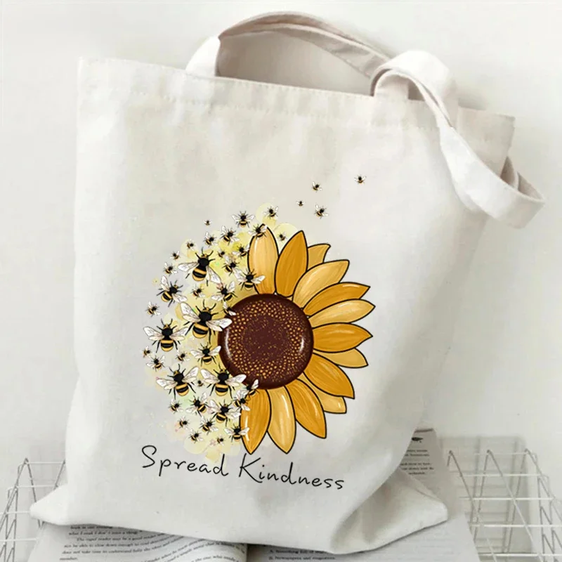 Sunflower Bee Canvas Tote Bag "Spreand Kindness" Versatile Handbag for Commuter Work Student Class Underarm Women's Shoulder Bag