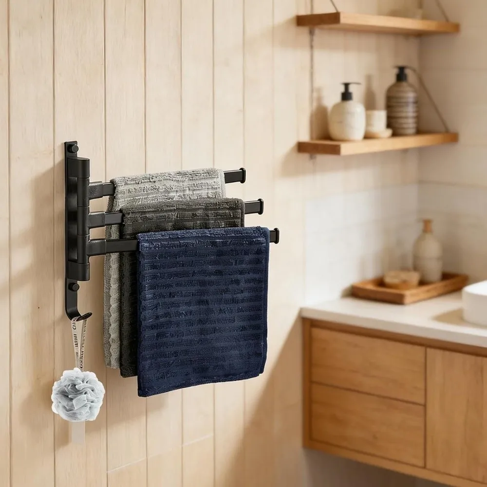 Aluminum Wall Mounted Towel Rack No Drill Installation Foldable Rotating Towel Holder Black Swing Arm Swivel Towel Shelf