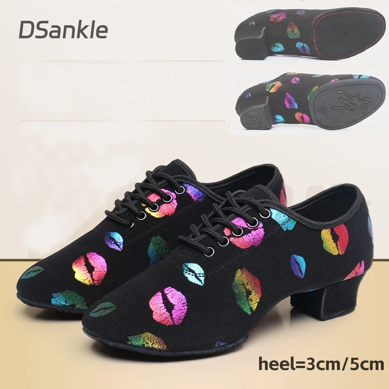 New High Heel Dance Shoes Sneakers Women Ballroom Latin Dance Shoes Woman Black Close Toe Dancing Shoes for Women Lip Print