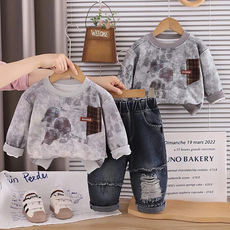 Fashion Boys Casual Clothes Set Spring/Autumn Kids tie-dye Printing Sweatshirts and Jeans Baby Outfits Toddler comfort suit 1-5Y