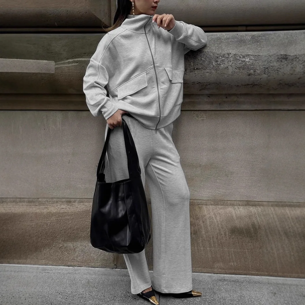 

Fashion Gray Sweatshirt and Pants Two-Piece Set for Women 2025 Autumn Winter New Sports Casual Outfit