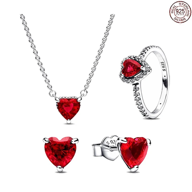 Hot selling 925 sterling silver exquisite red heart zircon ring bracelet set classic gift women's engagement holiday jewelry