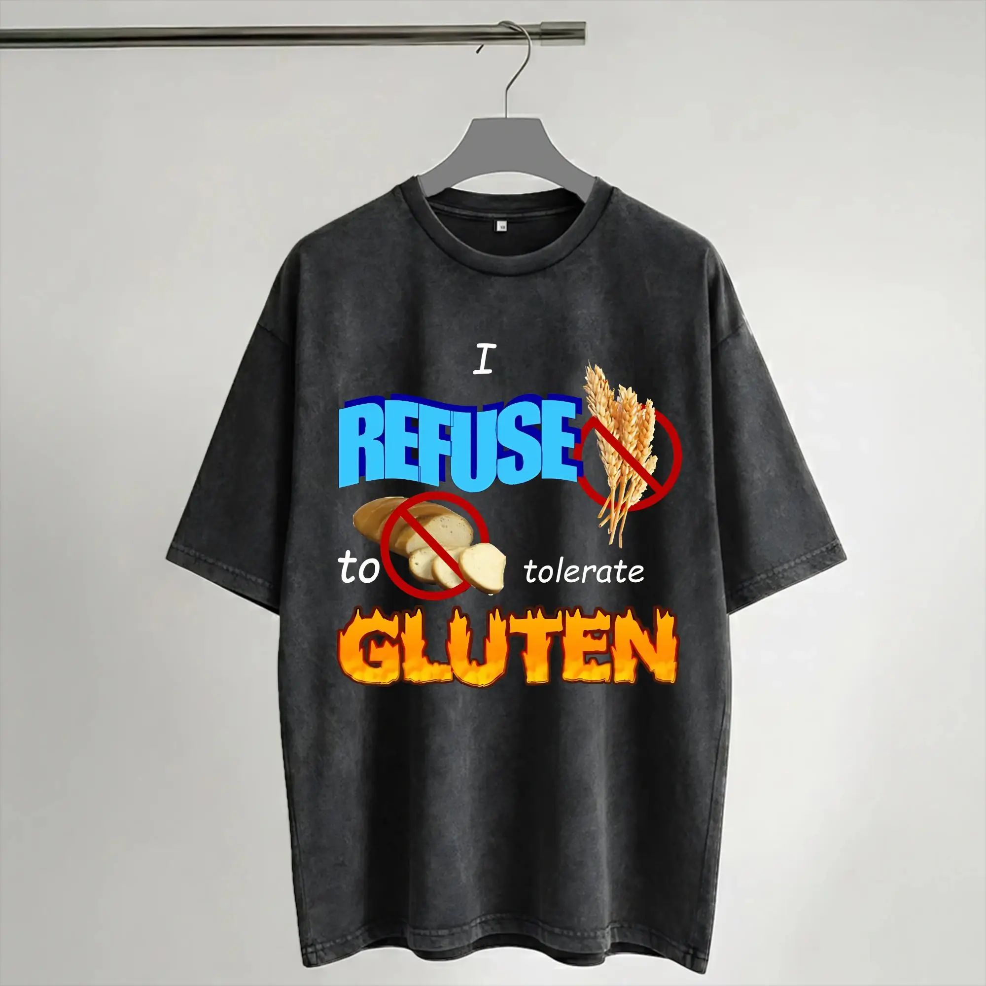 Graphic Printed I Refuse to Tolerate Gluten Meme Washed Shirt Outfit Oversize T-Shirts  Men Women Tee