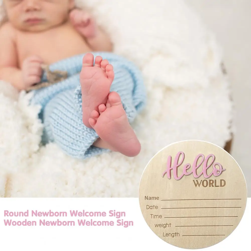 Hello World Newborn Welcome Sign Name Date Time Weight Recording Round Plaque Wooden Baby Birth Announcement Sign Gift