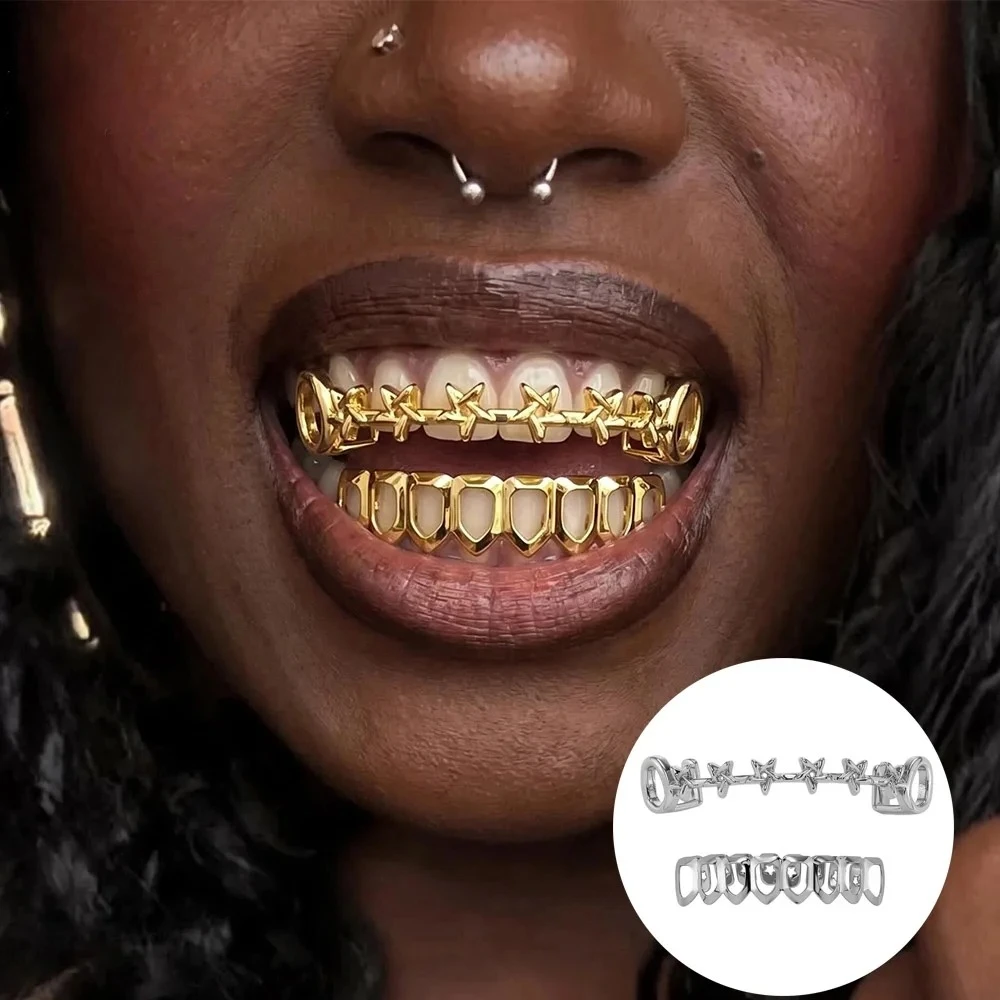 8 Teeth Grillz Set Hollow Star Design Top & Bottom Shinny Grillz Punk Rapper Style Christmas Gift Idea for Jewelry Lovers