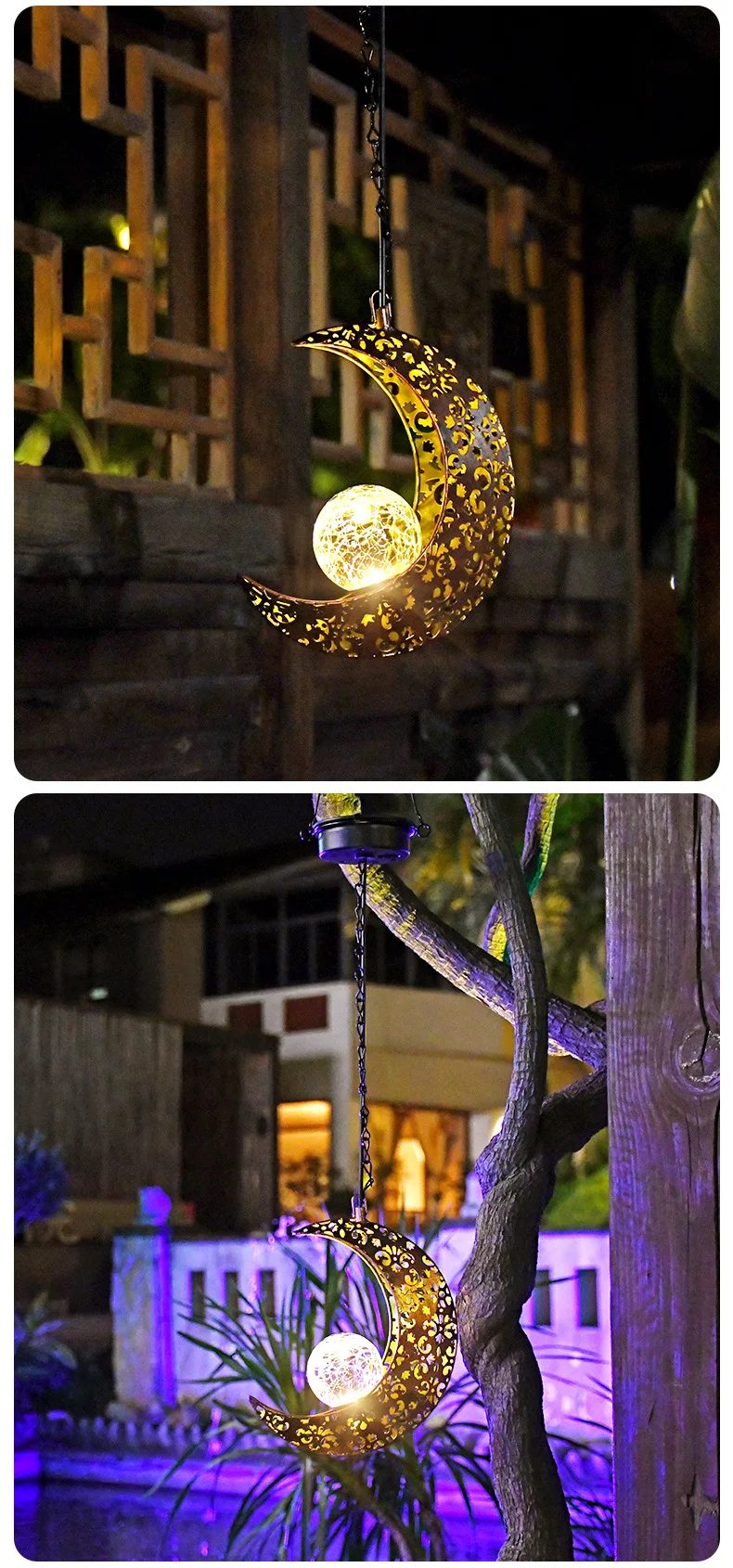 Cross-border solar hanging lights, outdoor waterproof courtyard decorative atmosphere lights, wrought iron hollow projection gar