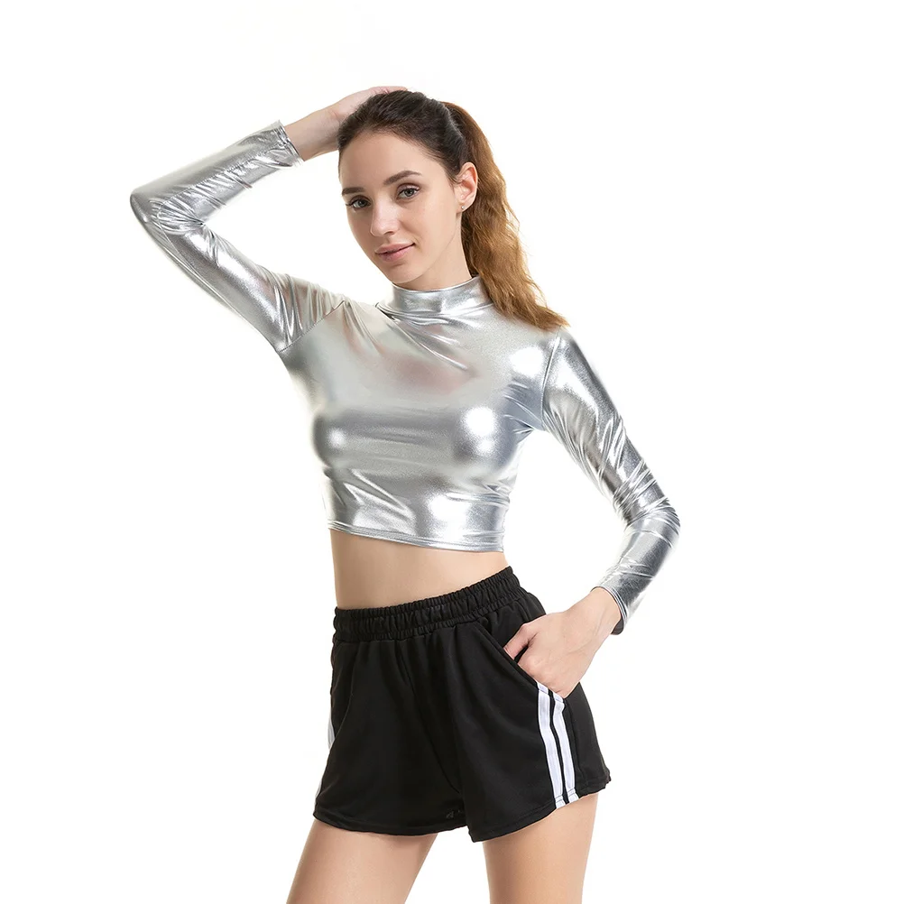 ชุดบัสติเยร์สีเงินแขนยาวสำหรับผู้หญิง ชุดเซ็กซี่สำหรับการแสดงบนเวทีคลับ ไซส์ XL ชุดบัสติเยร์ผู้หญิง