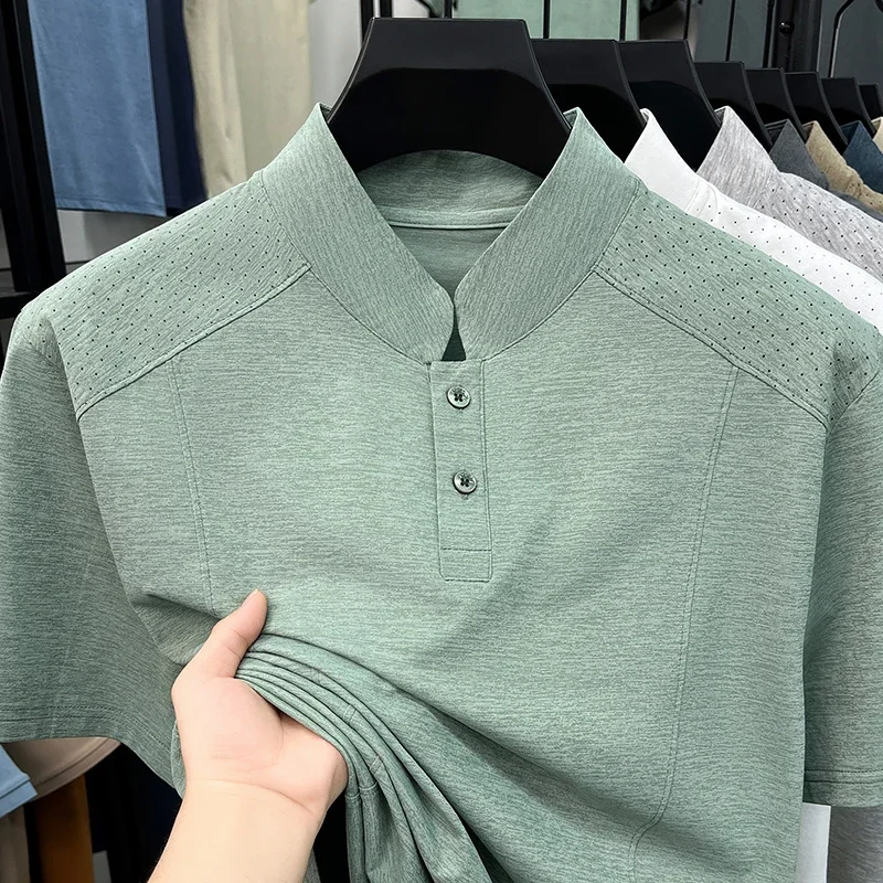 Mens Casual Stand Collar Two Button Henley Lapel Polo Tops Raglan Air Vent Shoulder Soft Skin Friendly Short Sleeve Shirts