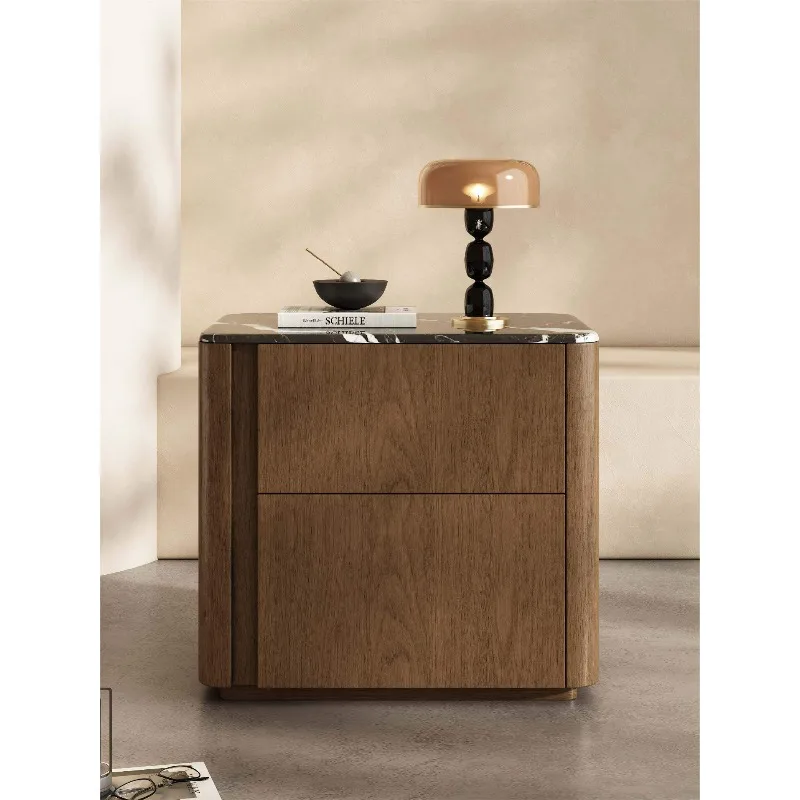 2026 simple Nordic all-solid wood microcrystalline stone bedside table light luxury rounded corner storage cabinet bedroom bedsi
