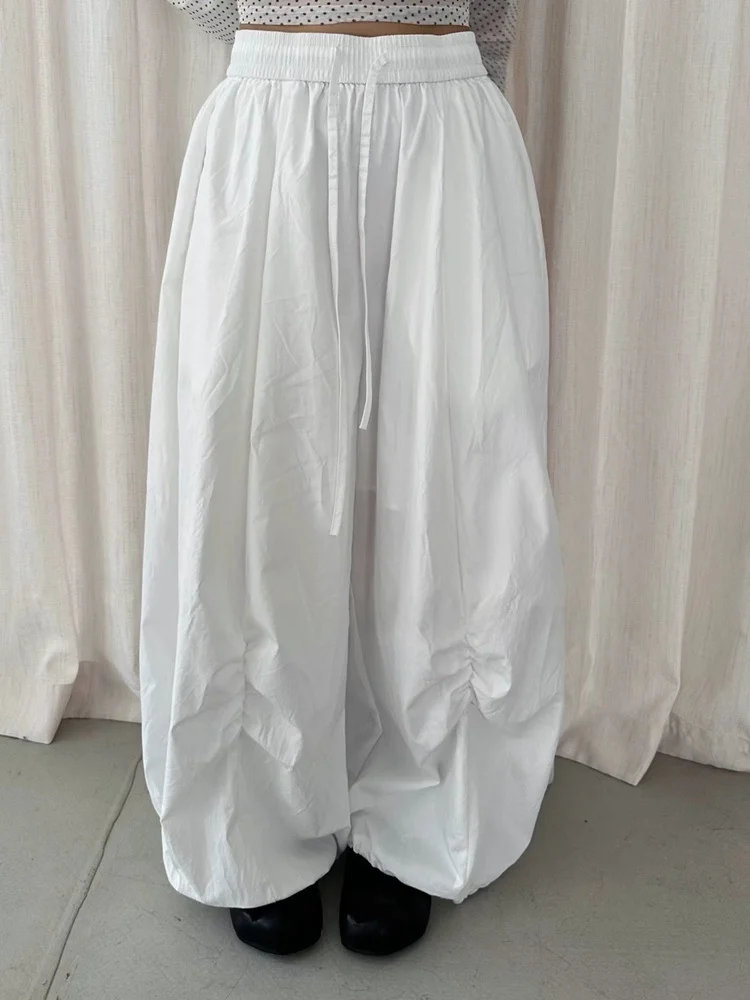 

Summer Thin Wide Leg Pants Women's Loose Casual Drawstring Pleated Loose Fit Cotton Straight Cut Trousers Japanese Style