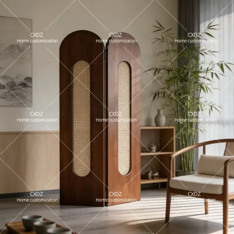 Medieval Rattan Folding Screen Solid Wood Arc Top Partition Living Room Bedroom Mobile Shelter French Retro Decoration