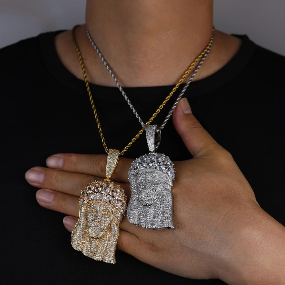 Anztilam كبير يسوع مثلج خارج قلادة قلادة مع وصلة طويلة حبل سلسلة القلائد للنساء الرجال النحاس الزركون الشرير الهيب هوب مجوهرات #3