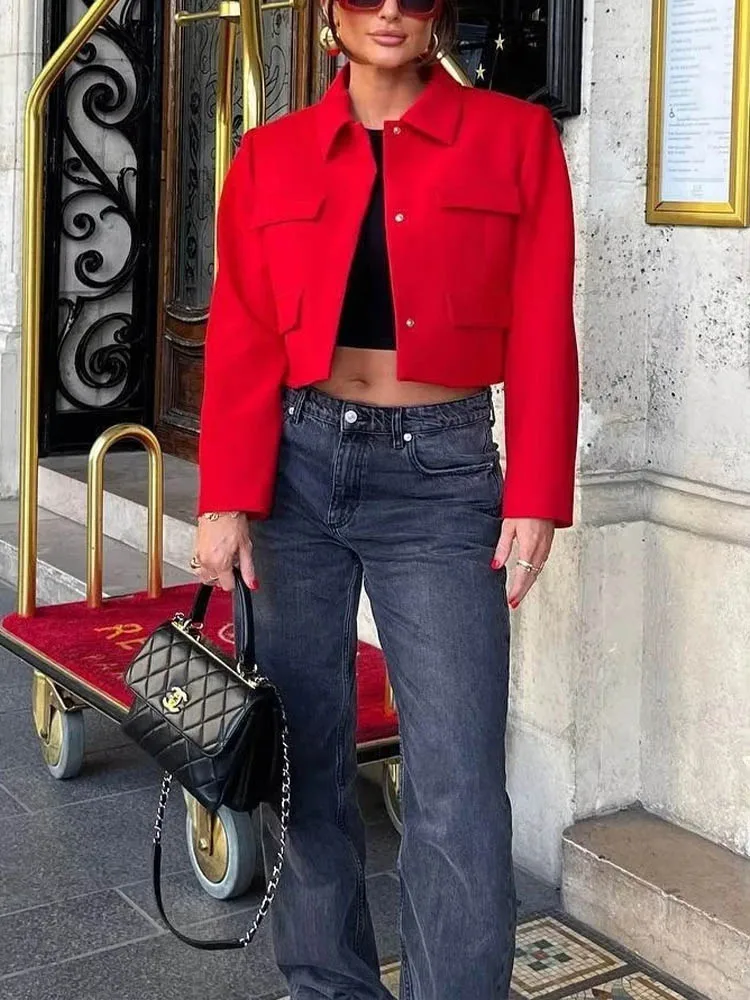 

HH Женская мода Осенние повседневные свободные красные пальто с отложным воротником Тонкие однобортные теплые женские шикарные куртки спереди Y2K