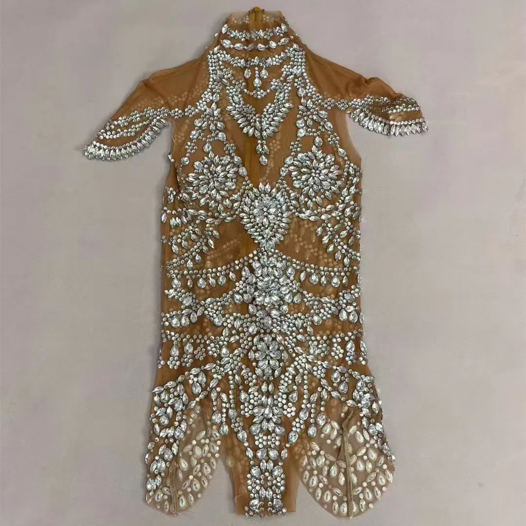 

Women Nightclub Bar Sexy Transparent Rhinestones Bodysuit Pole Dancing Costume Crystal Mesh Leotard Performance Stage Wear