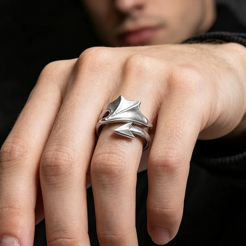 Stainless Steel Manta‑Ray Adjustable Open Ring 3D Animal Shape Punk Unique Single Finger Jewelry For Men Night Party