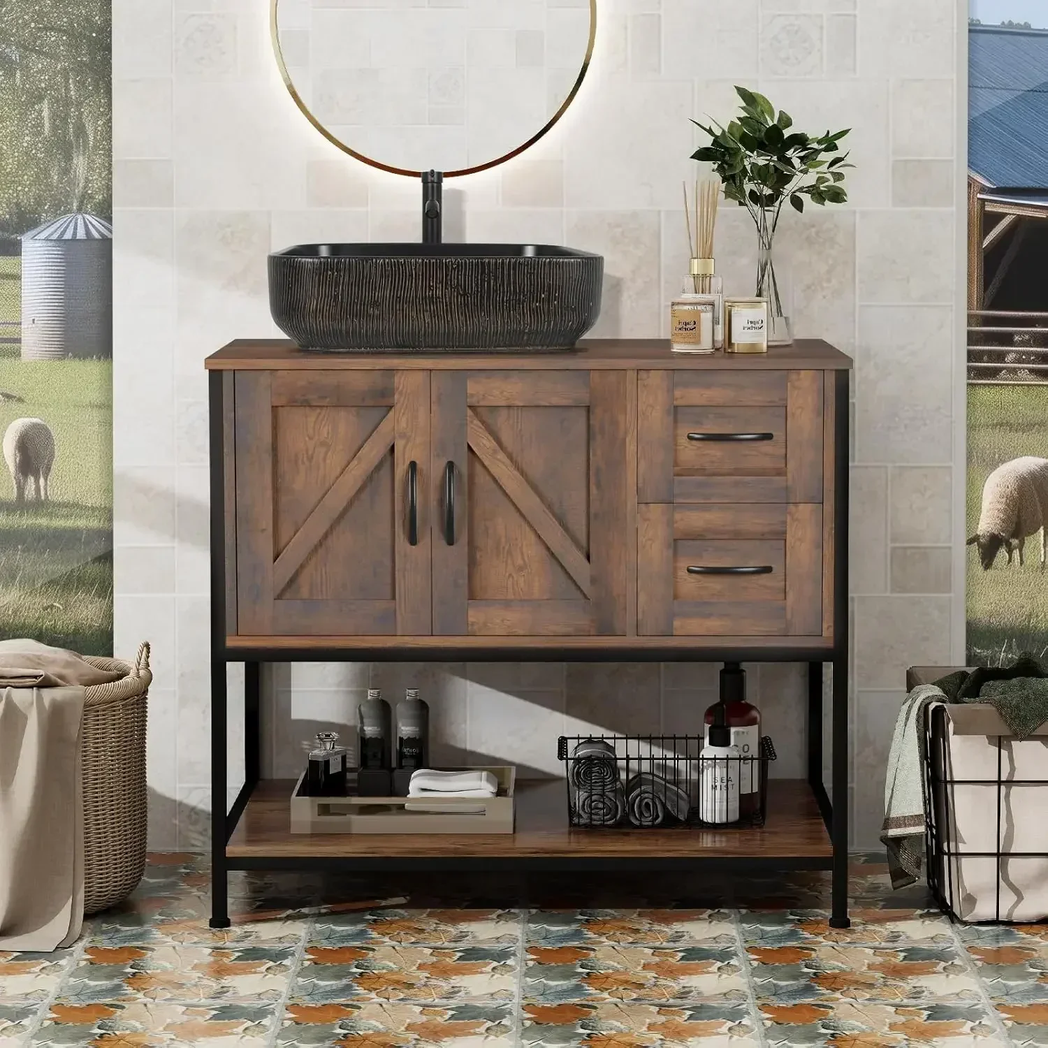 

Bathroom Vanity, 36" Rustic Brown Bathroom Vanity with Sink Combo,Faucet,Pop up Drain Set,Farmhouse Modern Cabinet with Black Ar