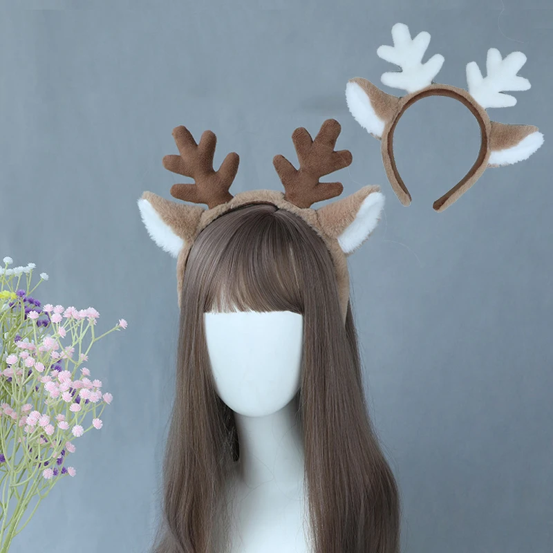 

Reindeer Antlers Headband with Snowflake Plush Deer Ears for Christmas Costume Cosplay Realistic Animal Ear Gift