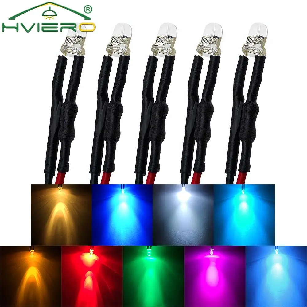 

5X Pre Wired LED Min F3 3mm 20cm Round Light Bulb Chip Beads Cable DC 12V White Warm Red Green Blue Yellow Emitting Diodes Lamp