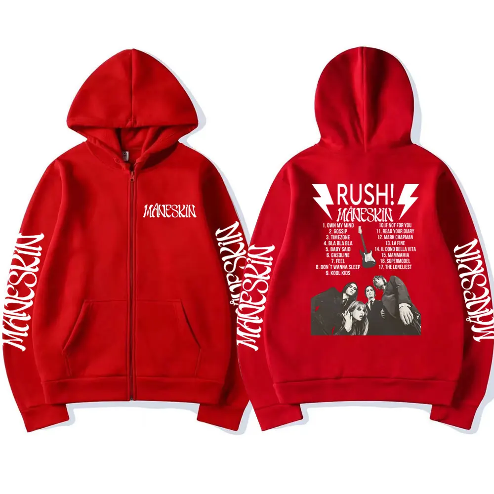 Banda de Rock Italiana Maneskin Rush Cartaz Zipper Hoodie para homens e mulheres, moletom solto masculino, casacos góticos, streetwear casual, moda Y2K