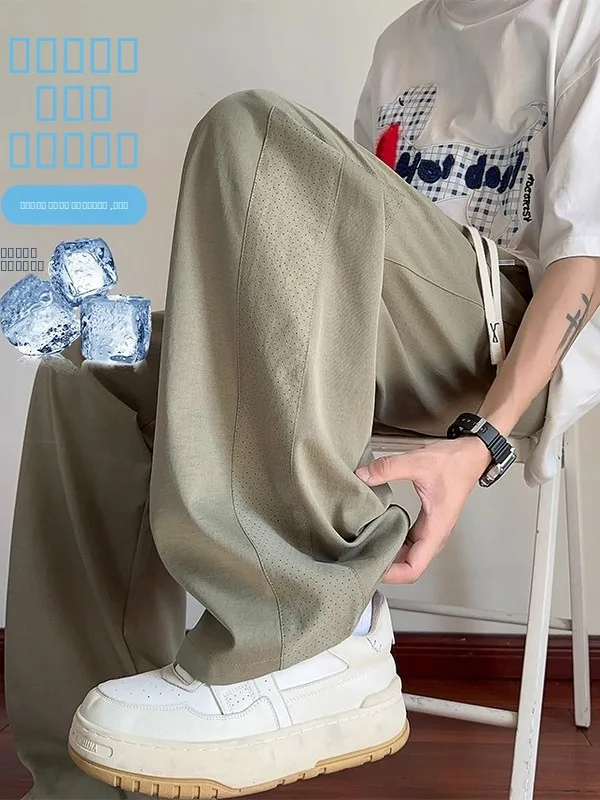 

Qui Dry Ice Silk Men's Casual Pants Summer Thin American Sports Wide Leg Straight Tube Loose Fit Faionable Lightweight