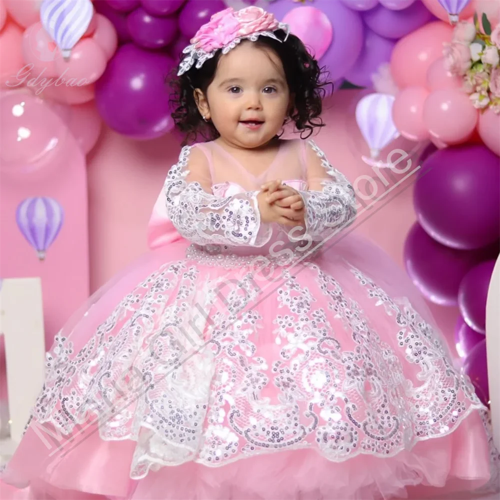 

Girl Princess Dress Pink Sequins Fluffy Bow Trailing First Communion Birthday Party Wedding Junior Bridesmaids Evening Dress