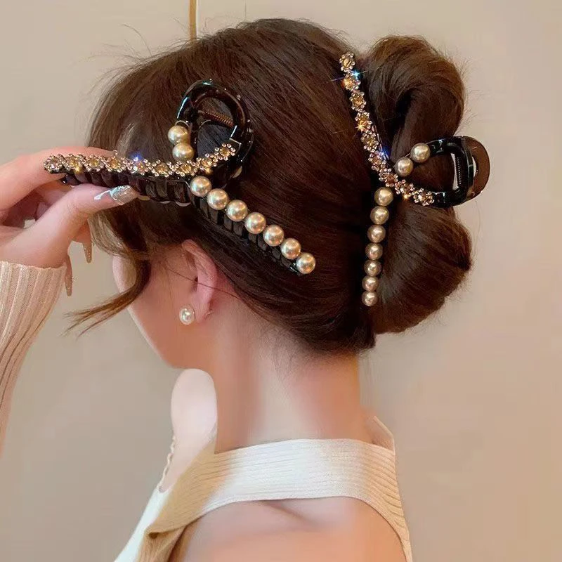 Pérola strass grampos de cabelo para mulheres e meninas, moda tubarão, acessórios para cabelo, jóias, 3 tamanhos