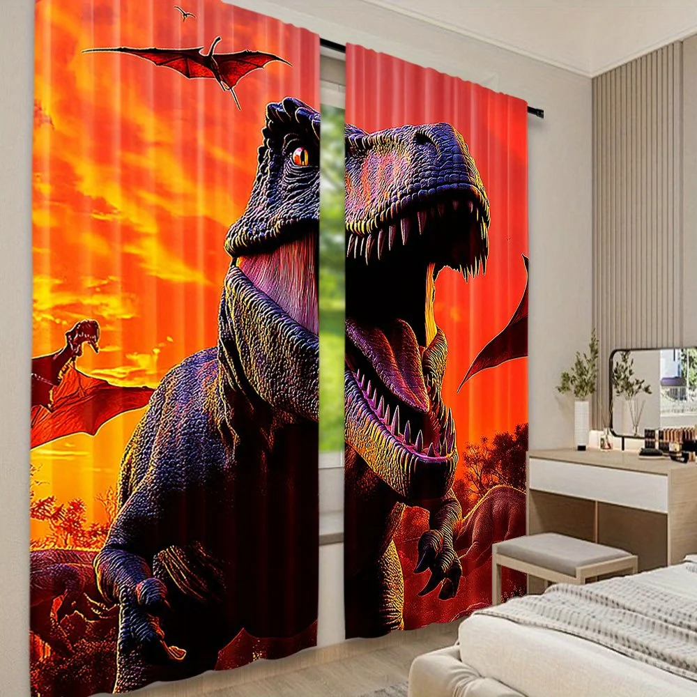 Dinosaur Curtains, T-Rex Jurassic Landscape Window Drapes, Prehistoric Animal Decor, Blackout Fabric for Boys Bedroom Kids