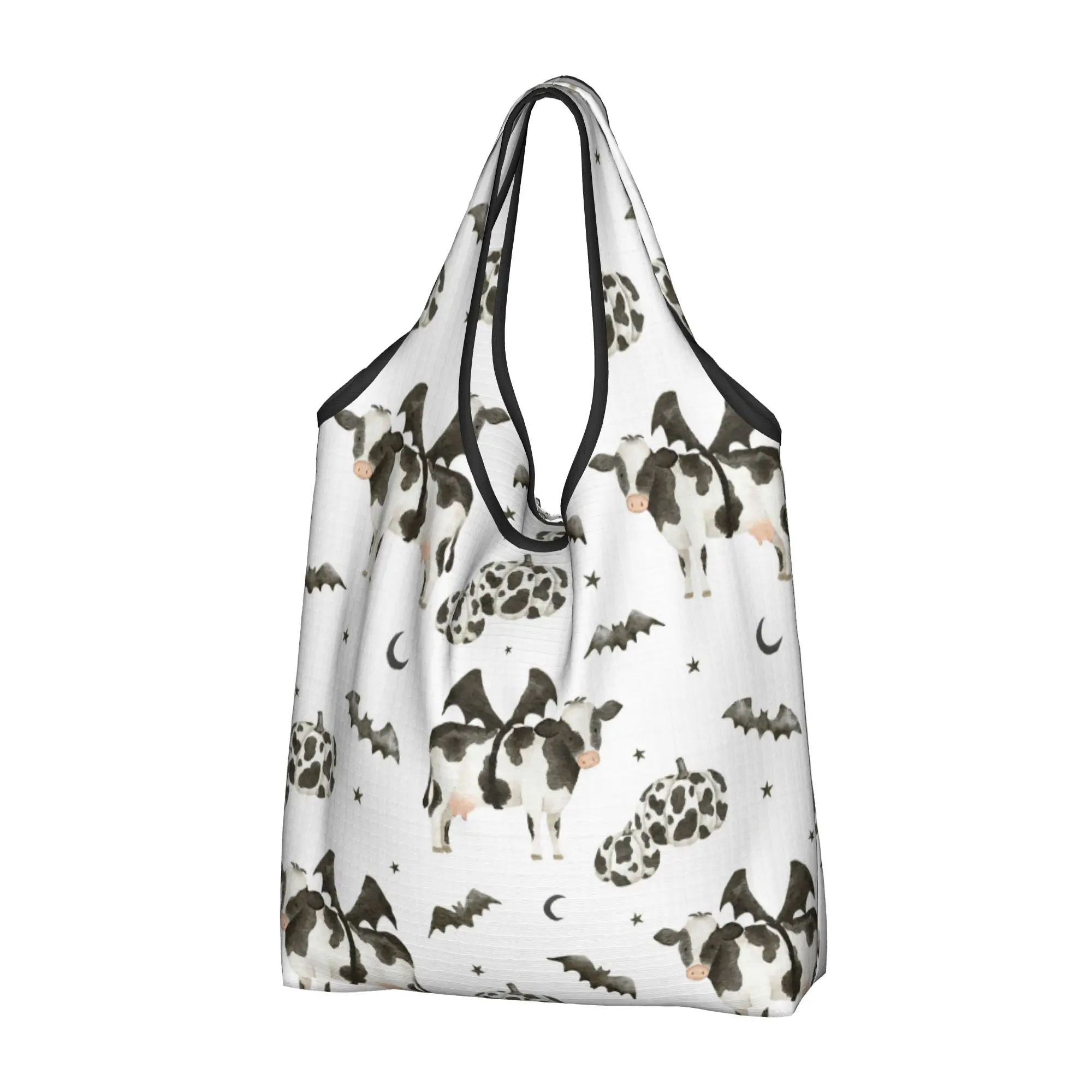 Bolsas de compras personalizadas con motivos de murciélagos y calabazas de piel de vaca, portátiles, de gran capacidad, para mujer, para supermercado, Halloween, vaca lechera, bolsas de compras tipo tote
