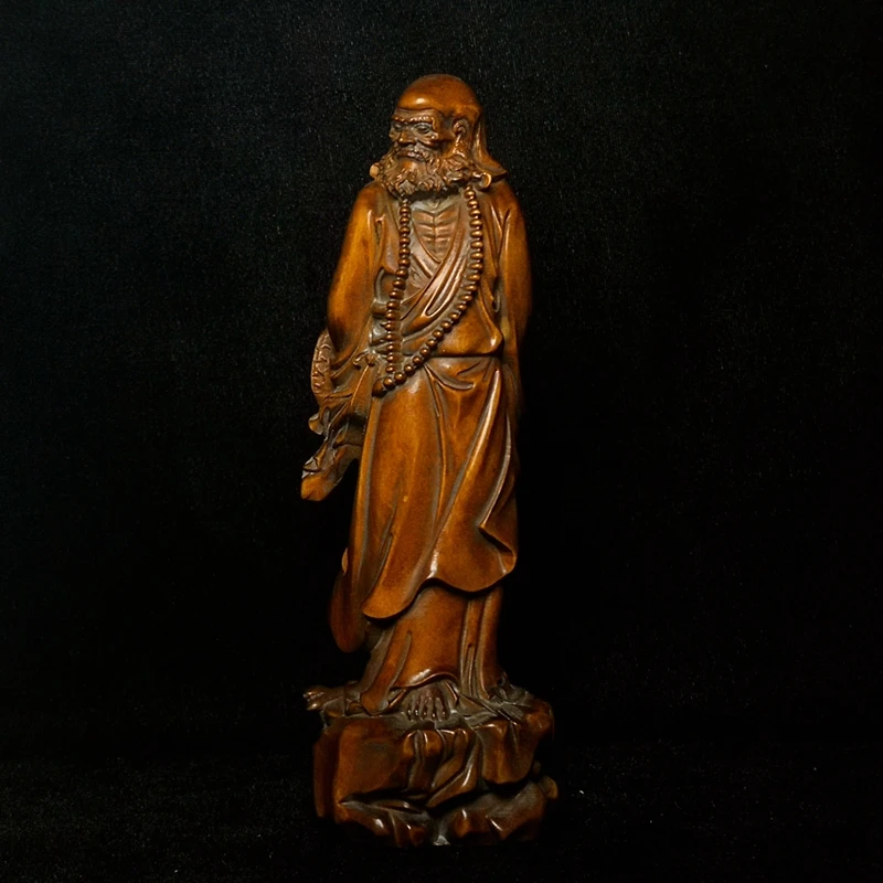 

1919 Antique art Size 7 Inch Old Chinese Boxwood Hand carved Bodhidharma Buddha Figurine Statue Home Pray Decoration Collectable