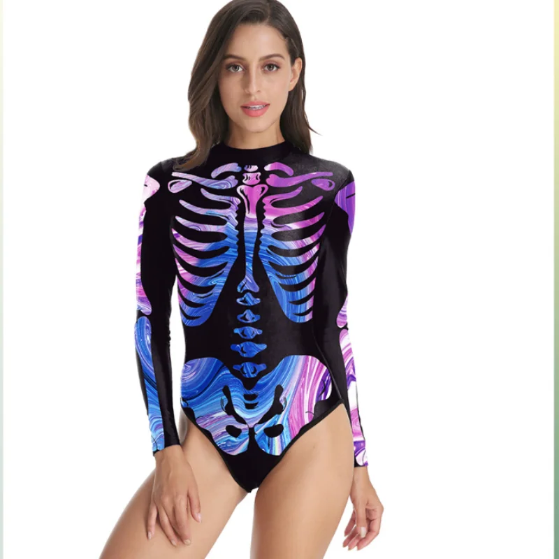 

2023 Halloween Carnival New Products Colorful Skeleton Print Costume Sexy Bodysuit Tight Gym Clothes Long Sleeve Swimwear Women