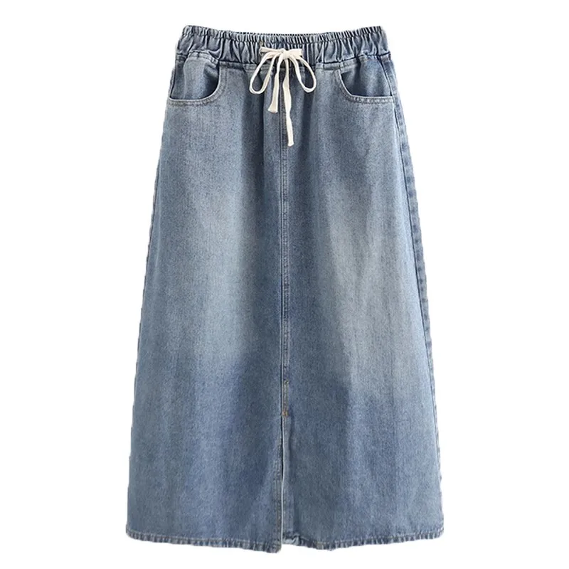 

2024 New Casual Elastic High Waist Split Denim Skirt, Korean Women's Clothing ,Spring Autumn A-line Wrap Jeans Skirts