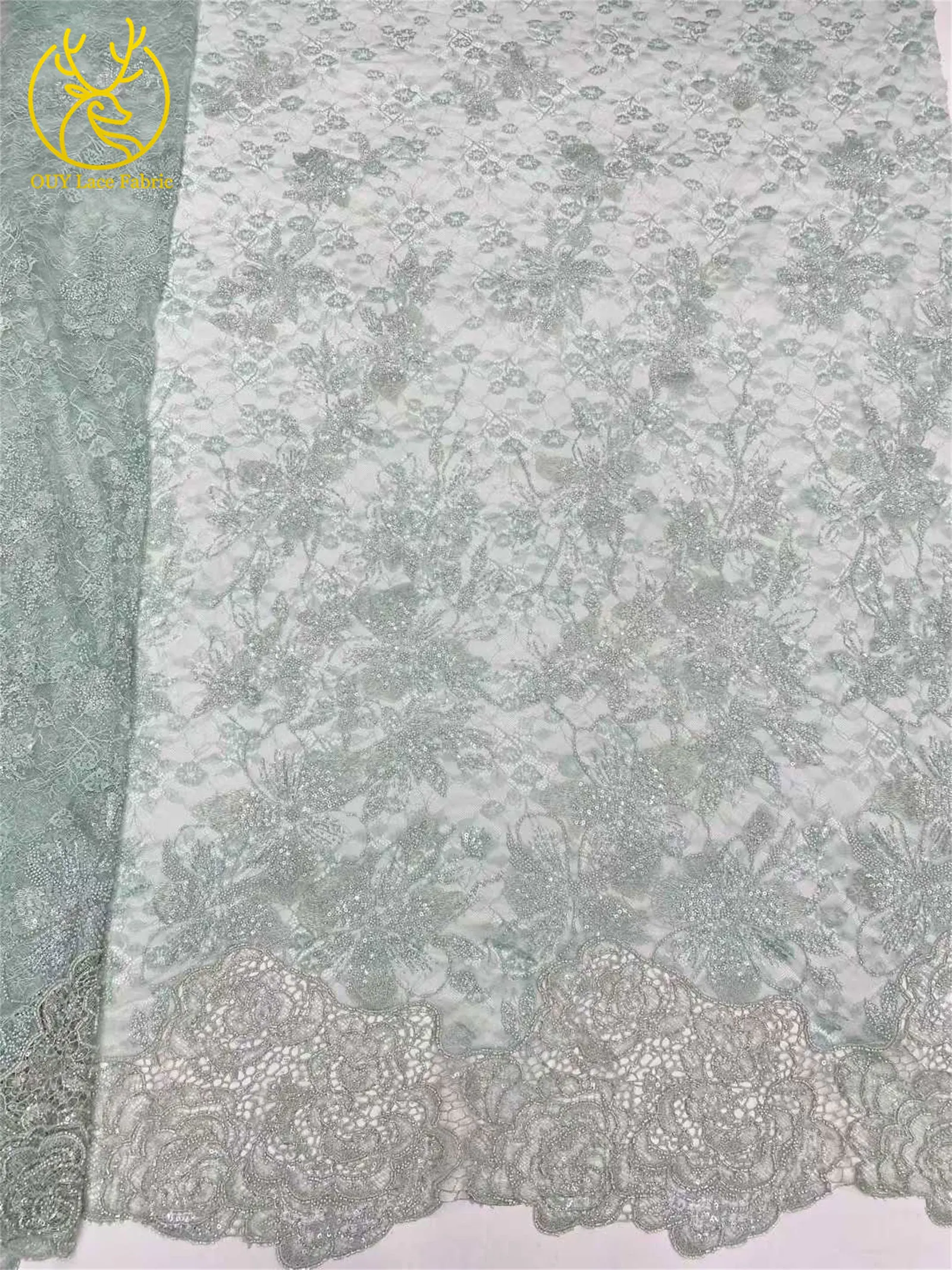 Afrikanischer nigerianischer Brautkleidstoff mit Perlen und Spitze 2026 – Hochwertige Pailletten-Stickerei auf französischem Tüllnetz für Hochzeitskleider zum Nähen, 5Y – Detail 13