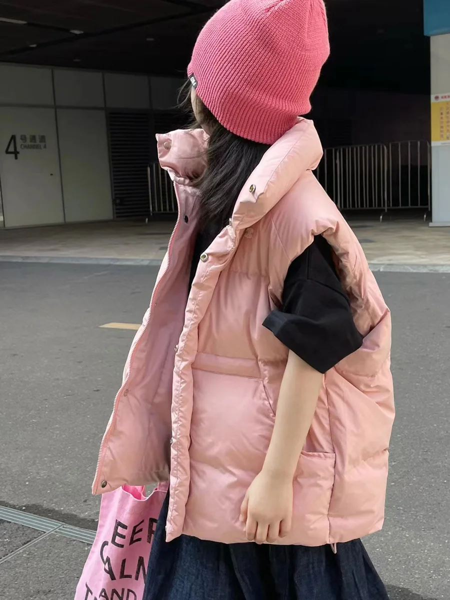 

Winter Short Vest Girl's Solid Hooded Pockets Zipper White Duck Down Children Casual Sleeveless Jacket Warm Vest For Kids TR264