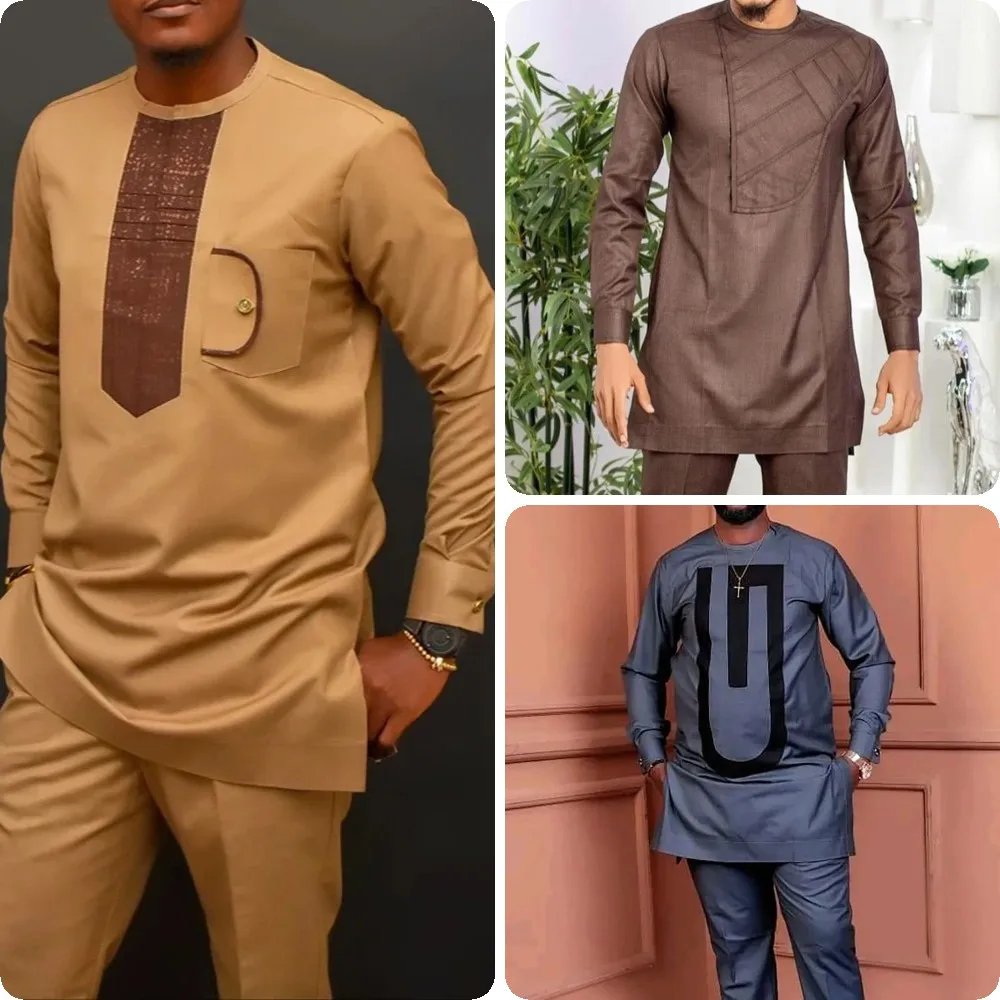 

2023 New Men's Elegant Tops and Pants Two-piece Set Printed Solid Color Round Neck Long-sleeved Suit Social African Ethnic Style