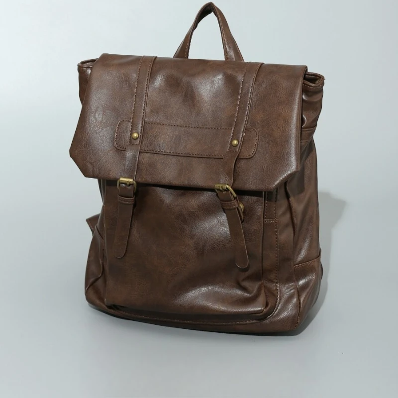 2026 New Y2K‑Distressed‑PU Buckle‑Flap Backpack, Large‑Capacity Laptop‑Friendly Commuting Daily Unisex Shoulder Rucksack