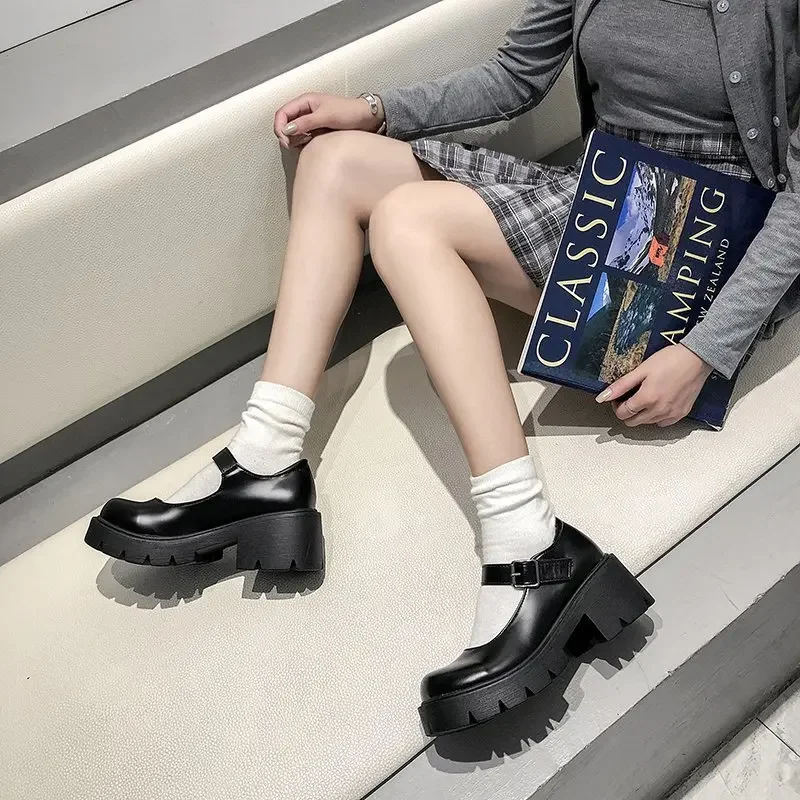 Patent Leather High Heels Mary Jane Shoes Women Japanese Style Ankle Platform Pumps Woman Buckle Jk Uniform Lolita Shoes