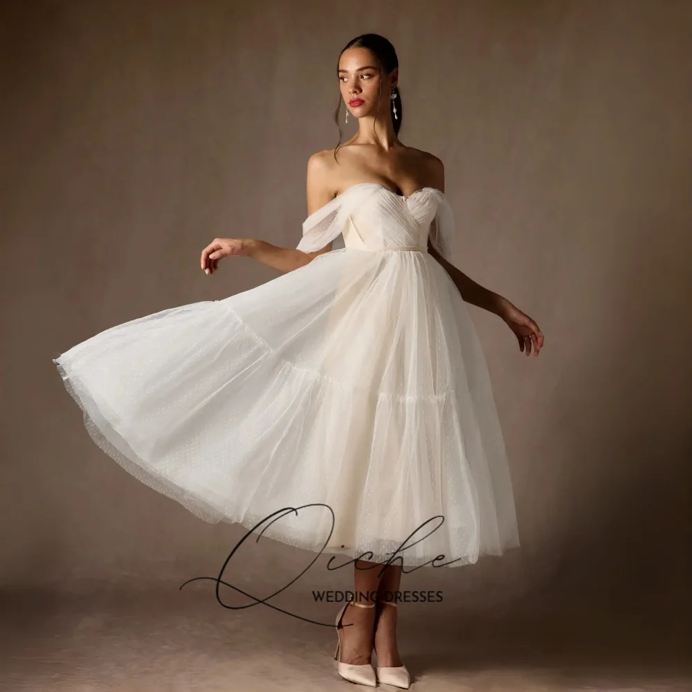 QICHE Simple Sweetheart Off-the-shoulder Tulle Backless A-line Weeding Long Dress Bridal Party Gown Vestido De Noiva Customized