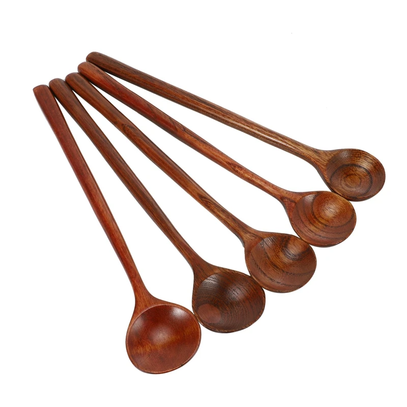 Korean Style 5 Pcs Long Spoons Wooden 10.9 inches 100% Natural Wood  Handle Round  for Soup Cooking Mixing Stirrer