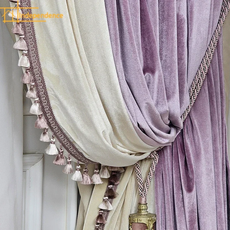 Customised Premium Purple Cream Velvet Patchwork Curtains for Living Room Bedroom Villa Floor Window Finished Product