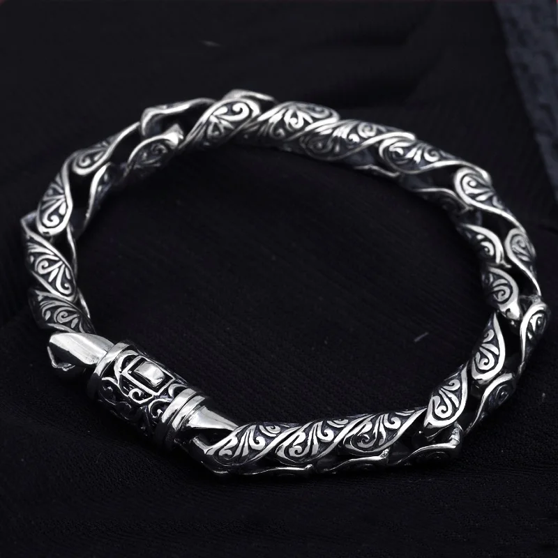 Unibabe-Bracelet thaïlandais en argent pur S925, fleur de la dynastie Tang, mode masculine, bijoux vintage (HY25A)