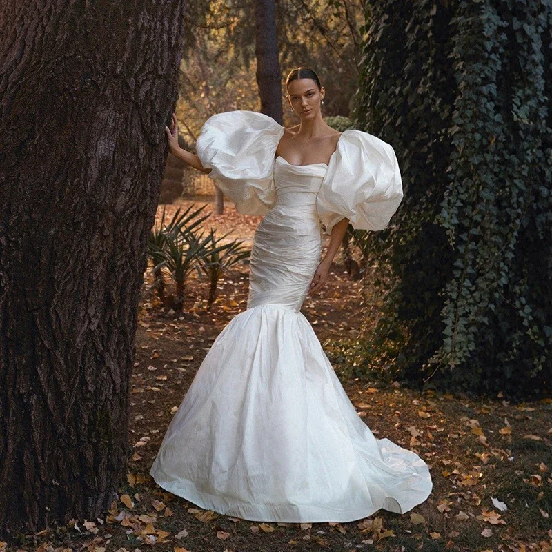 

Customized Classic Mermaid Half Puff Sleeves Ivory Wedding Dress Sexy Strapless Bride Gown Backless Court Train Vestido De Novia