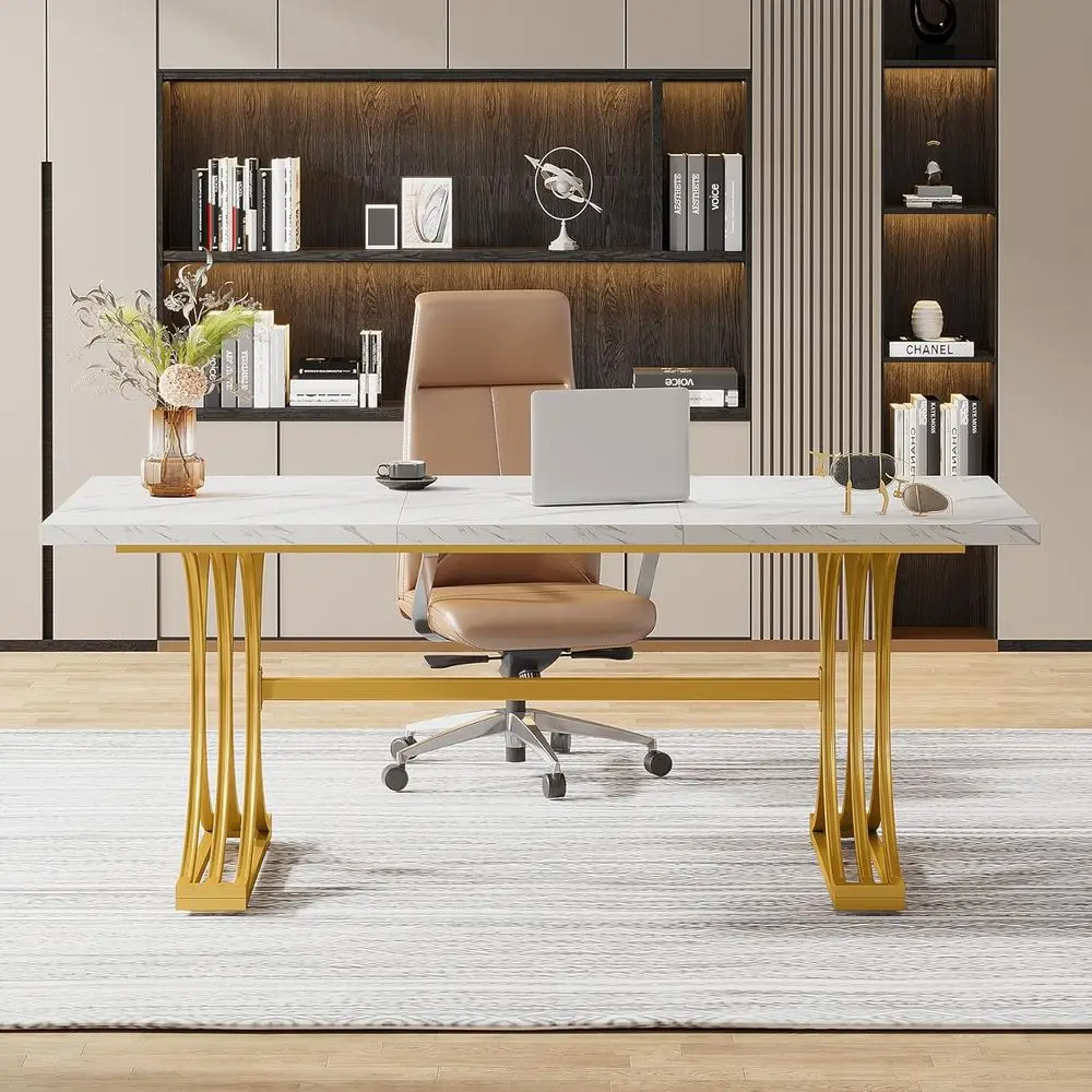 Large White Gold Desk with Auxiliary Marble Top and Trestle Legs for Executive Office Use