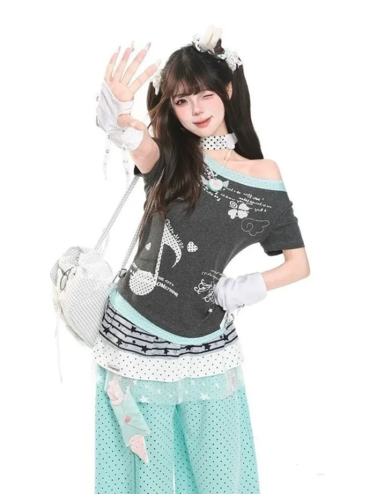 Kimutomo Women T Shirts Polka Dot Printed Short Sleeve Slim Grunge Gothic Y2k Aesthetic Harajuku Tops Ladies Fashion Casual Tee