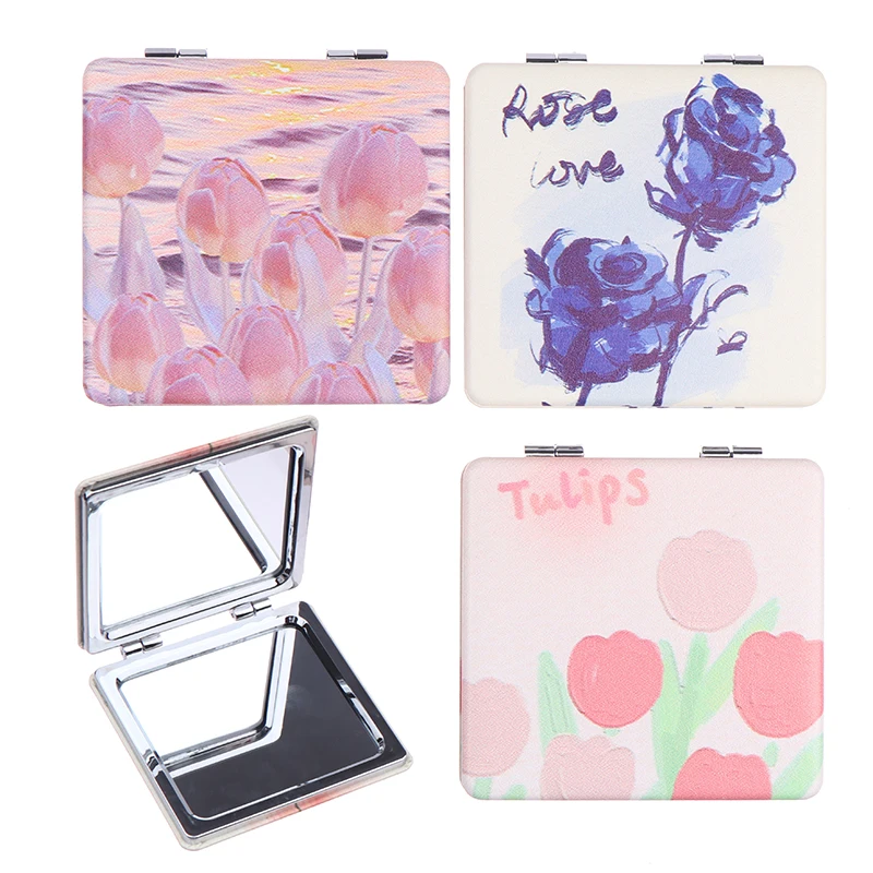 Portable Pocket Folding Small Mirror Magnifying Mirror For Makeup Abstract Oil Painting Style Double Sided Mirror Square