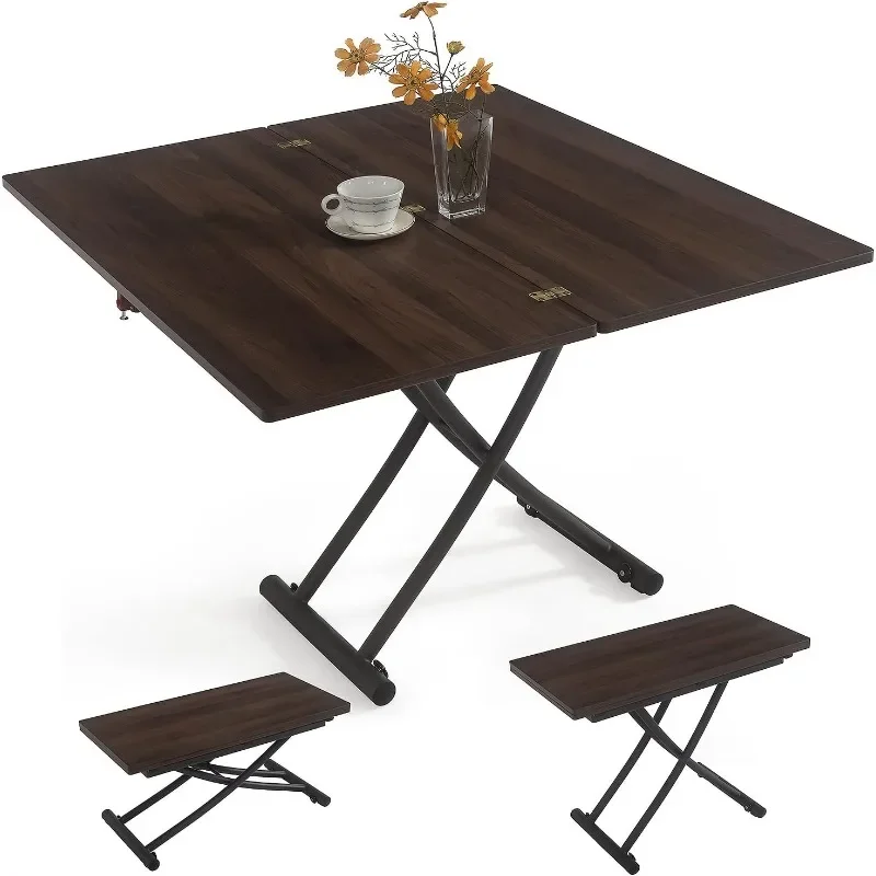 Living room dining table folding metal lifting bracket multifunctional transform wooden tabletop design 40x35 walnut