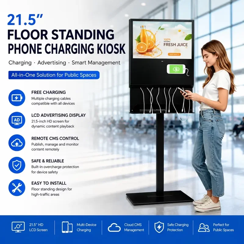 21.5 Inch Floor Standing Phone Charging Kiosk LCD Advertising Display with Remote CMS Public Free Mobile Charging Station