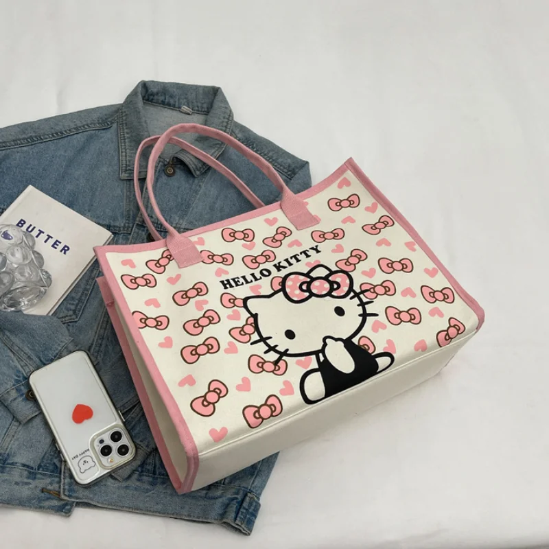 Hello Kitty Sanrio Y2k Tote Canvas Bag, Cute Canvas Shoulder Bag Cartoon Anime Handbag for School Work Travel Shopping Schoolbag