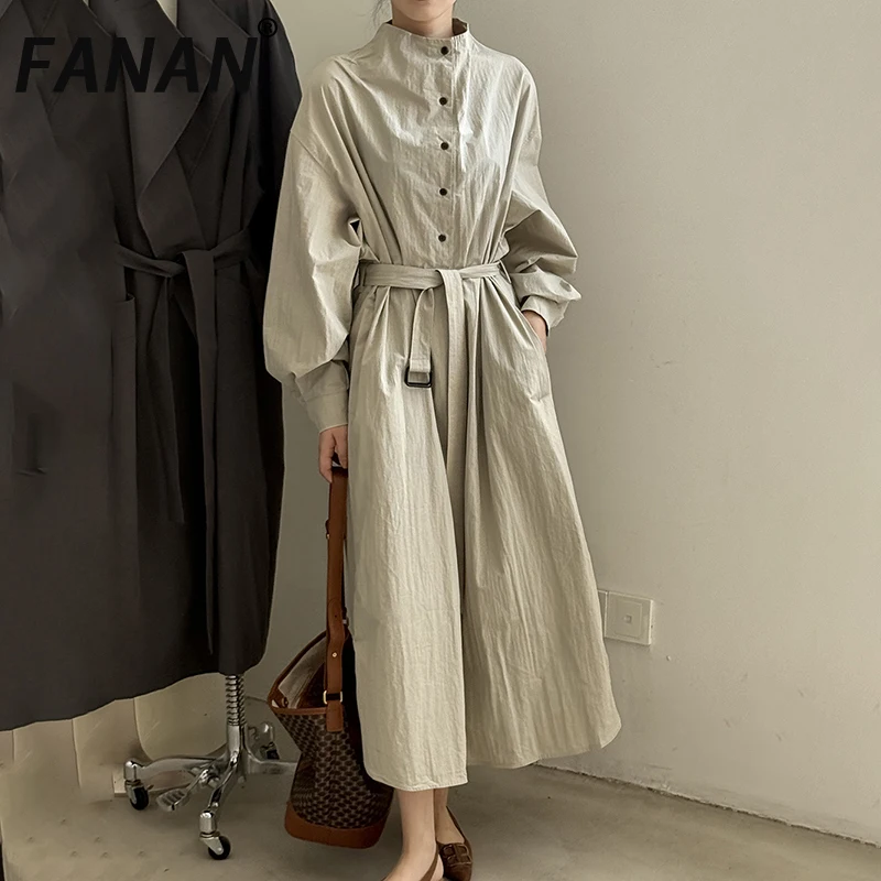 

FANAN Temperament Stand Neck Trench For Women Single Breasted Belt Gathered Waist Windbreaker Fashion Coats 2025 Autumn New