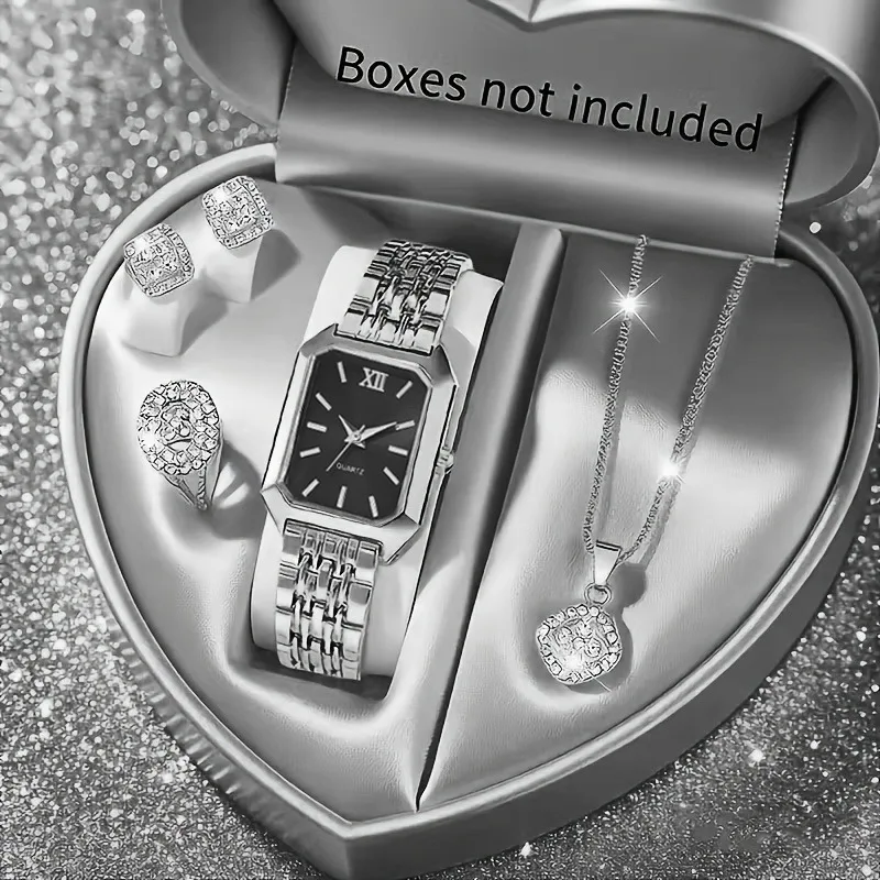 5PCS/Set Elegant Rectangle Women Watches Fashion Roma Dial Ladies Quartz Wristwatch Rhinestone Jewelry Set（Without Box） image 4