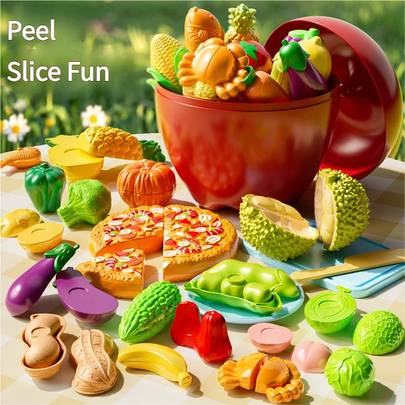 

Kids Cutting Fruits Vegetables Toy Kitchen Play Set with Montessori Educational Puzzles Pretend Food Toys for Boys Girls